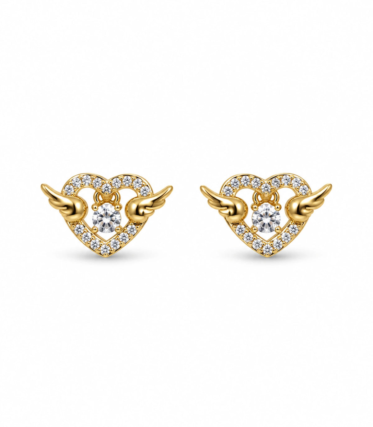 JIMIKI Winged Heart Crystal Stud Earrings in Gold Tone — pair on white background #color_gold-tone