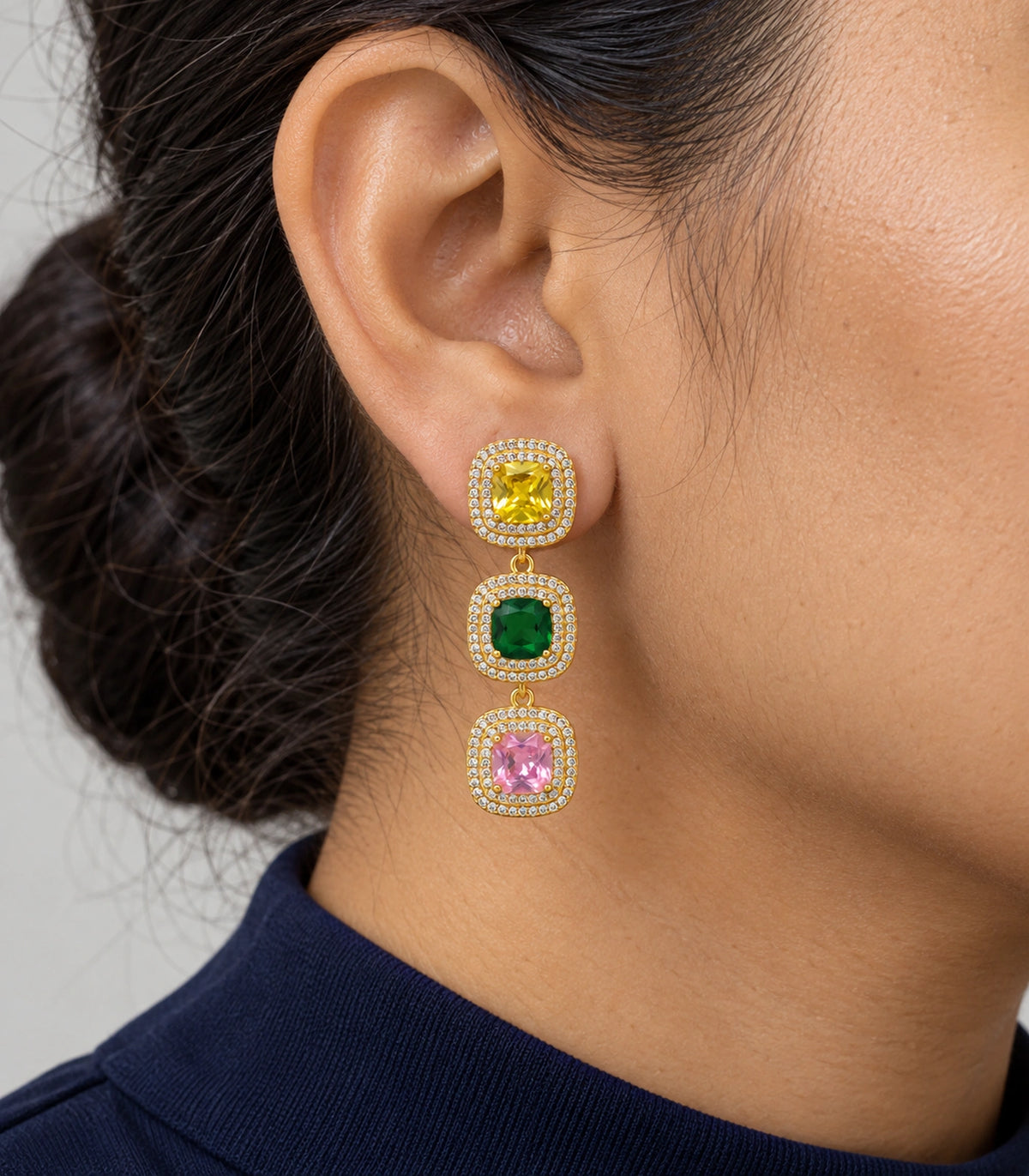 JIMIKI Yellow Green Pink Triple Cushion Halo Drop Earring Pair in Gold tone / yellow, green, pink, close-up detail #color_gold tone / yellow, green, pink