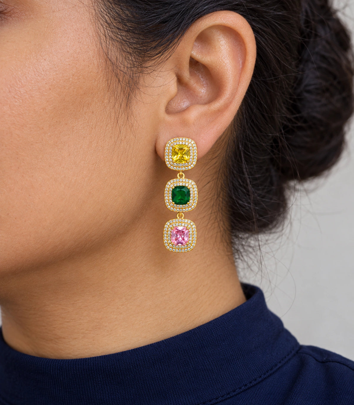 JIMIKI Yellow Green Pink Triple Cushion Halo Drop Earring Pair in Gold tone / yellow, green, pink, model wearing view #color_gold tone / yellow, green, pink