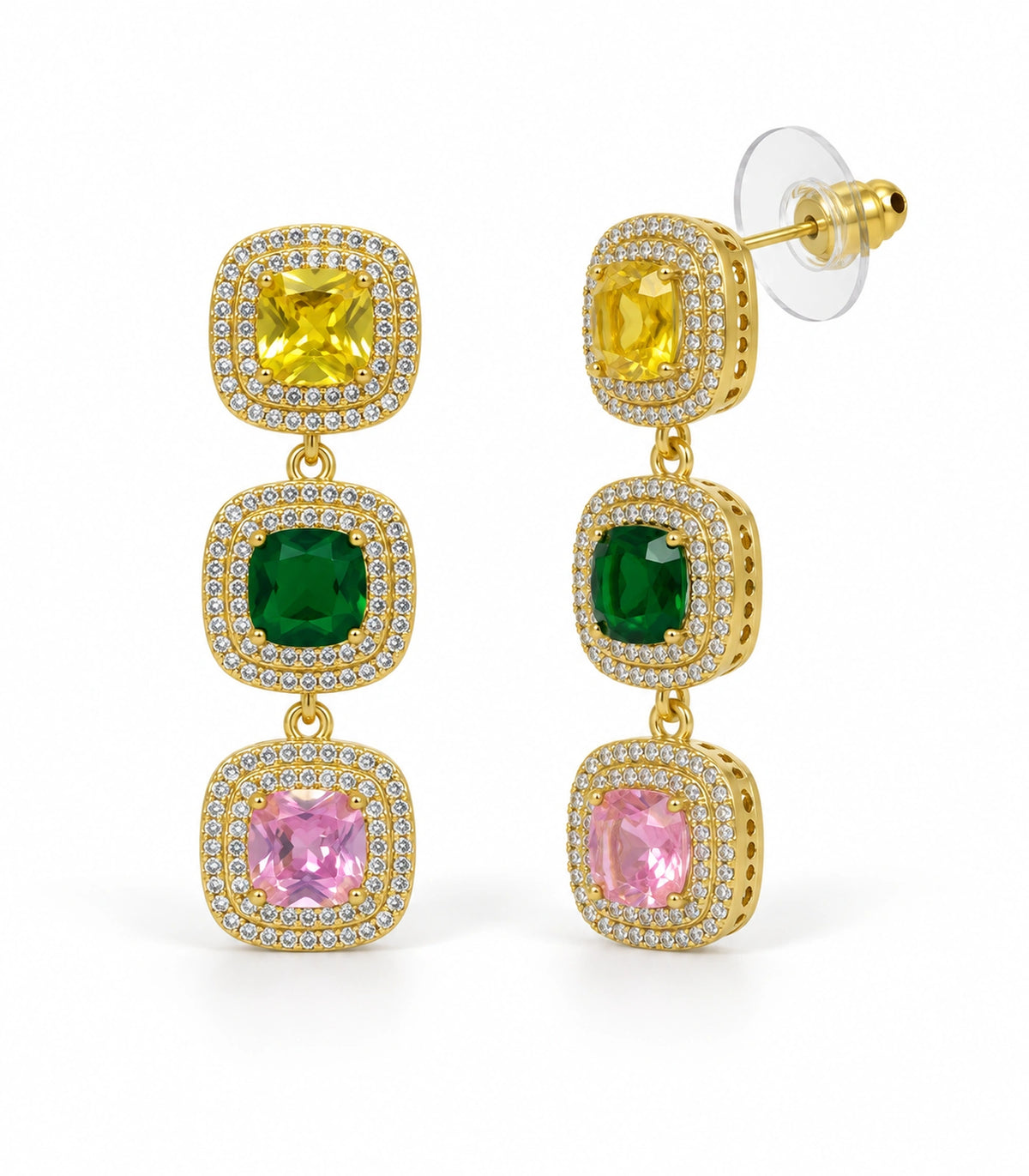 JIMIKI Yellow Green Pink Triple Cushion Halo Drop Earring Pair in Gold tone / yellow, green, pink, white background product view #color_gold tone / yellow, green, pink