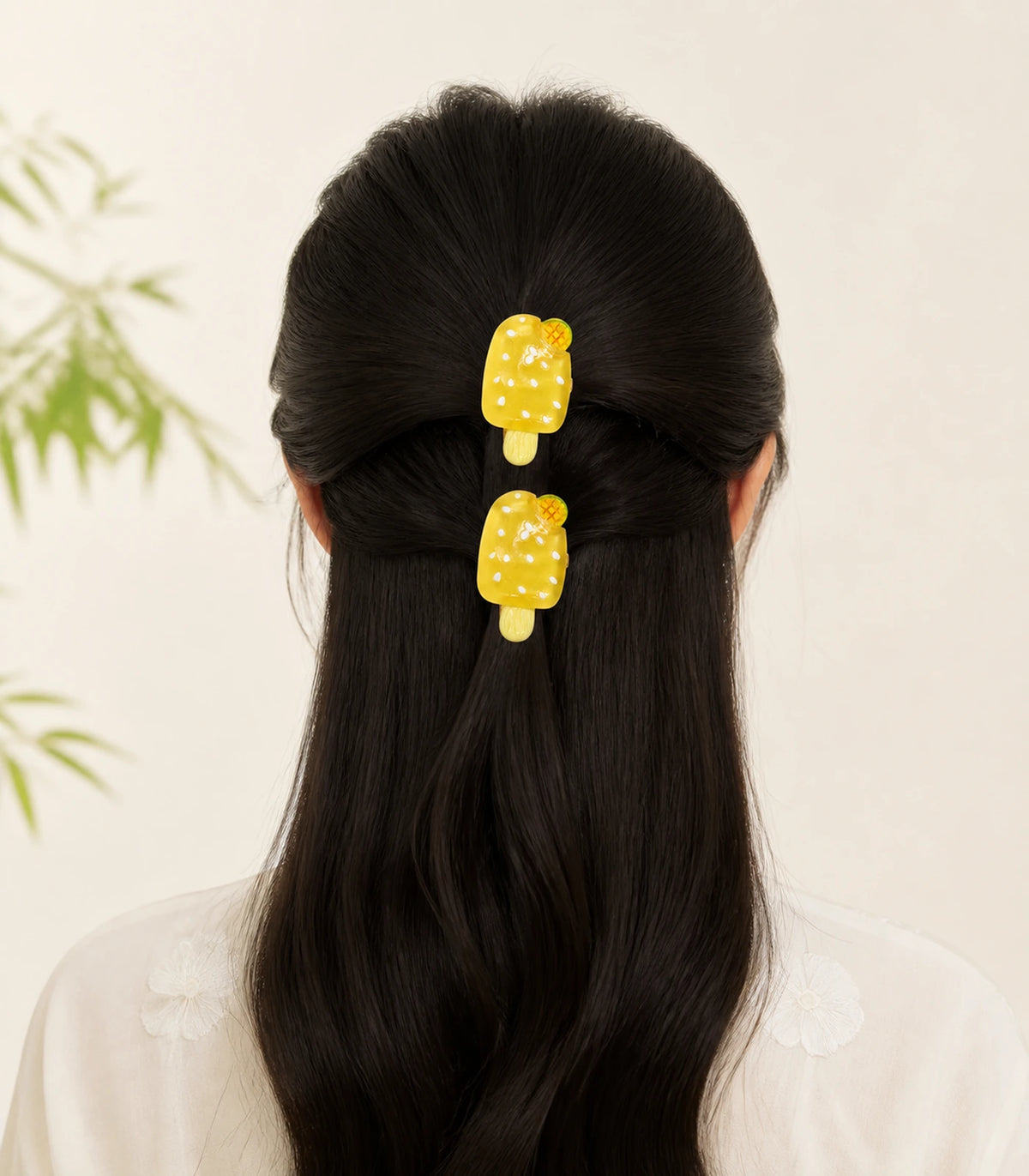 Model wearing the Golden Mango Popsicle Clip Pair