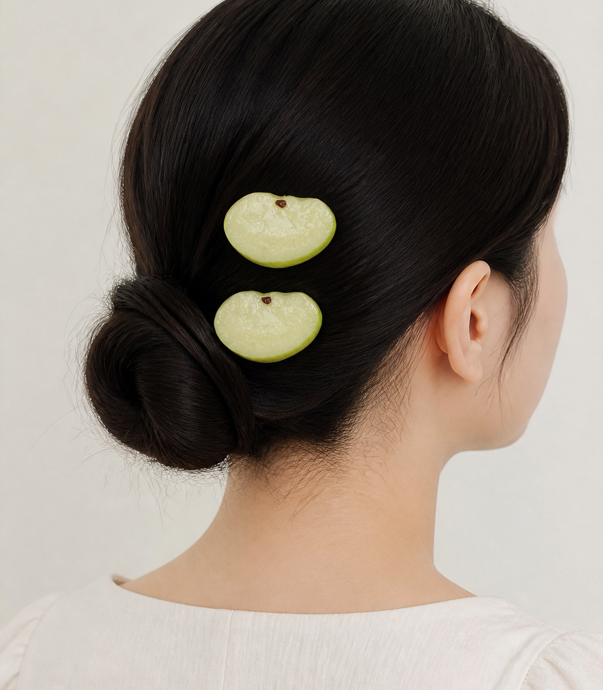 Green Apple Barrette Pair styled editorial view