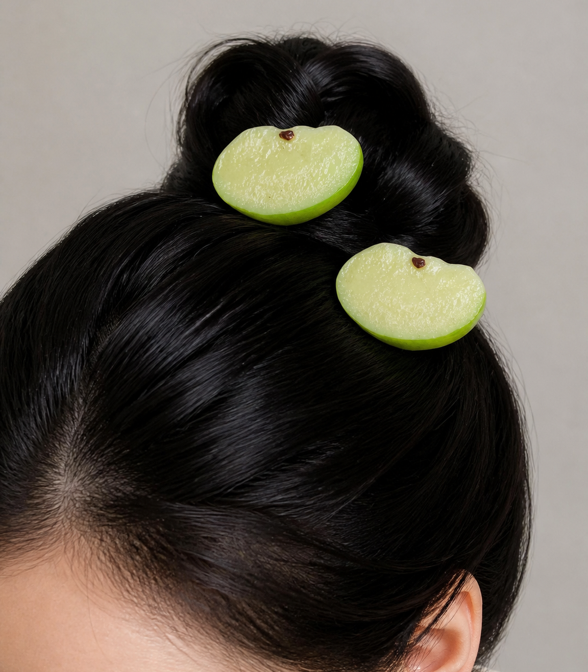 Green Apple Barrette Pair worn in hair