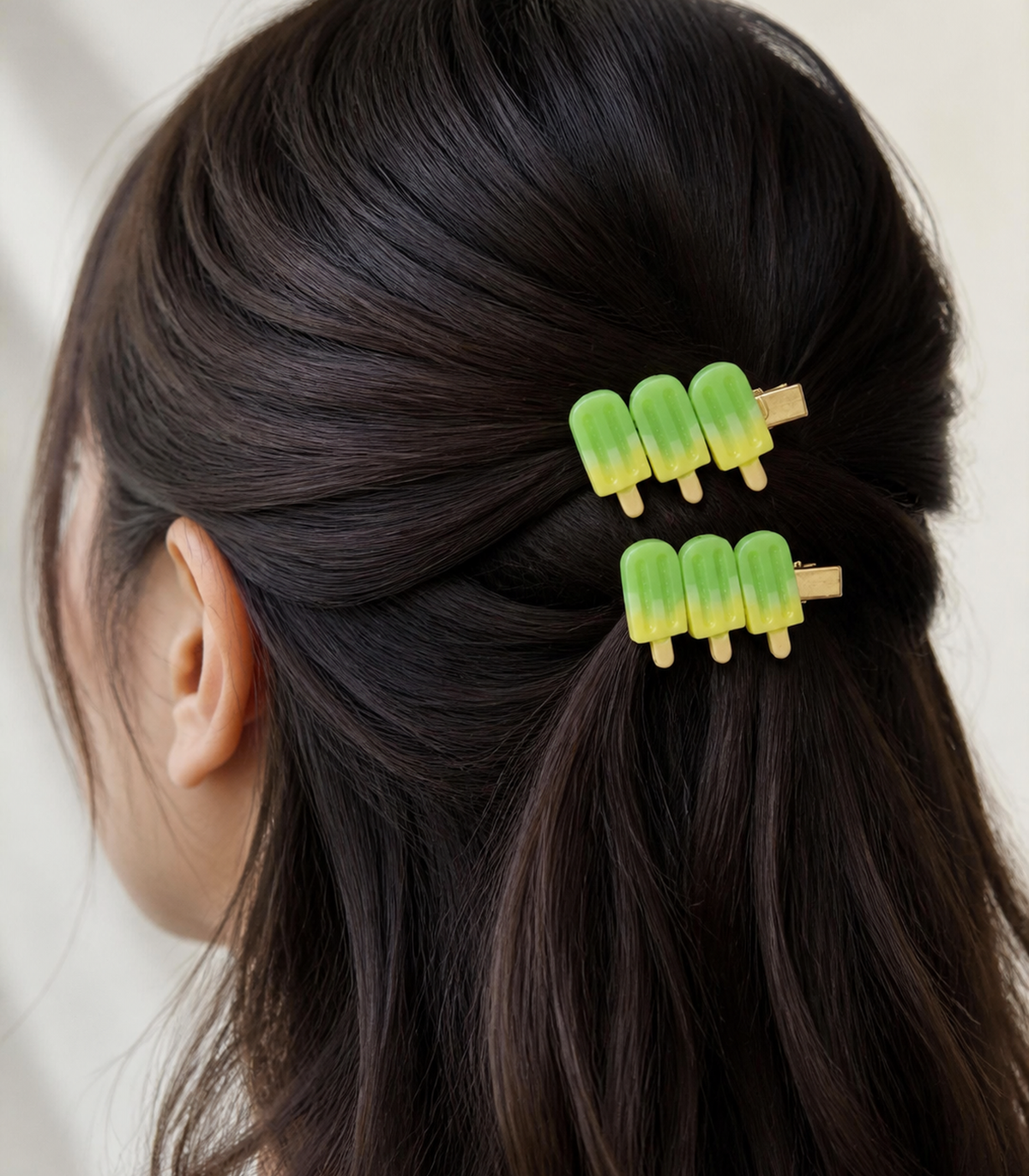 Green Popsicle Trio Clip Pair worn in hair
