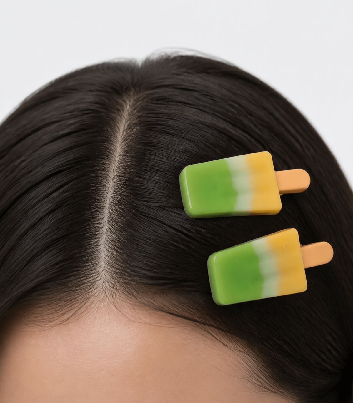 Green Yellow Popsicle Clip Pair worn in hair