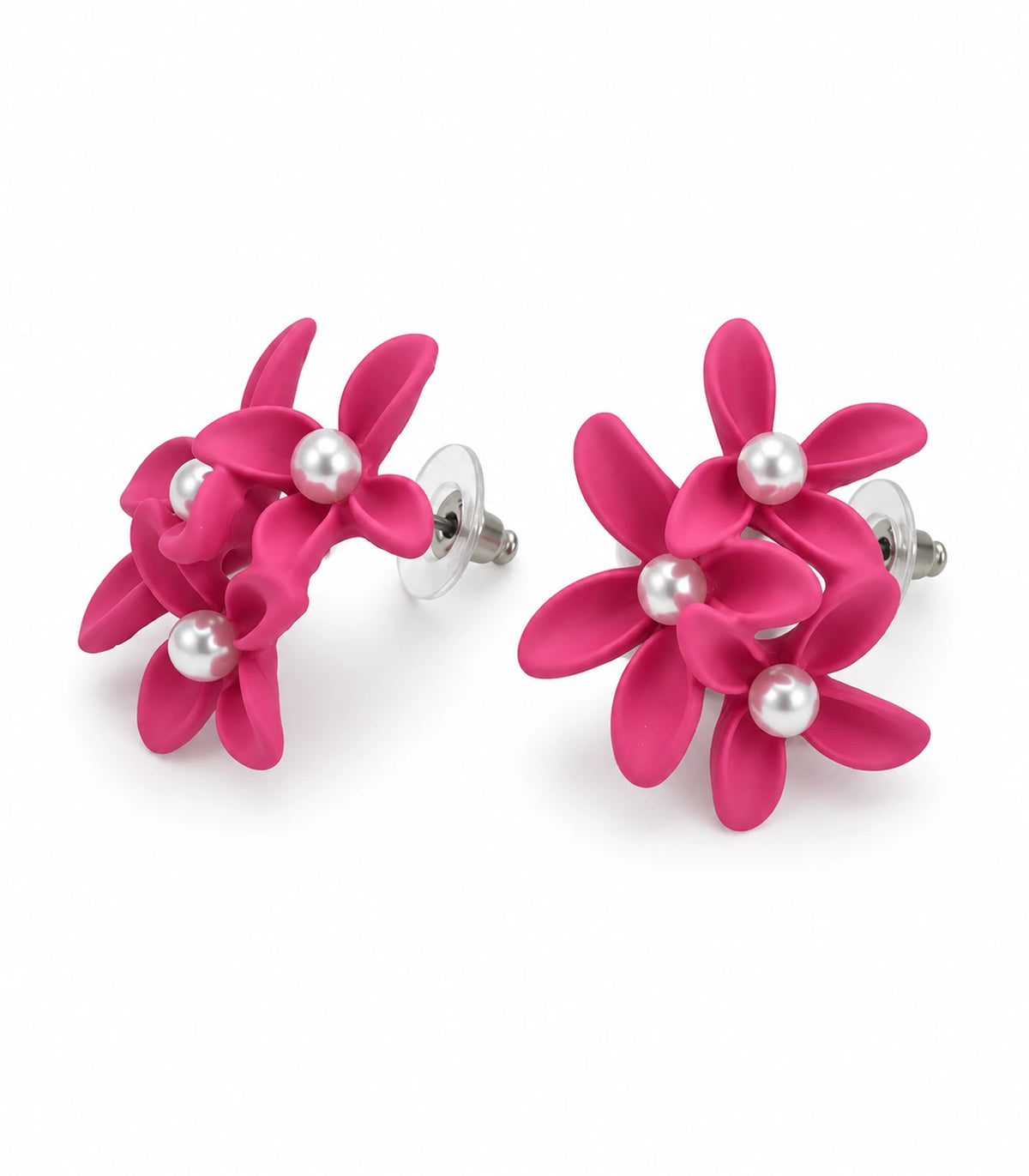 JIMIKI Hot Pink cascading floral cluster stud earrings, matching pair on a white background #color_hot pink