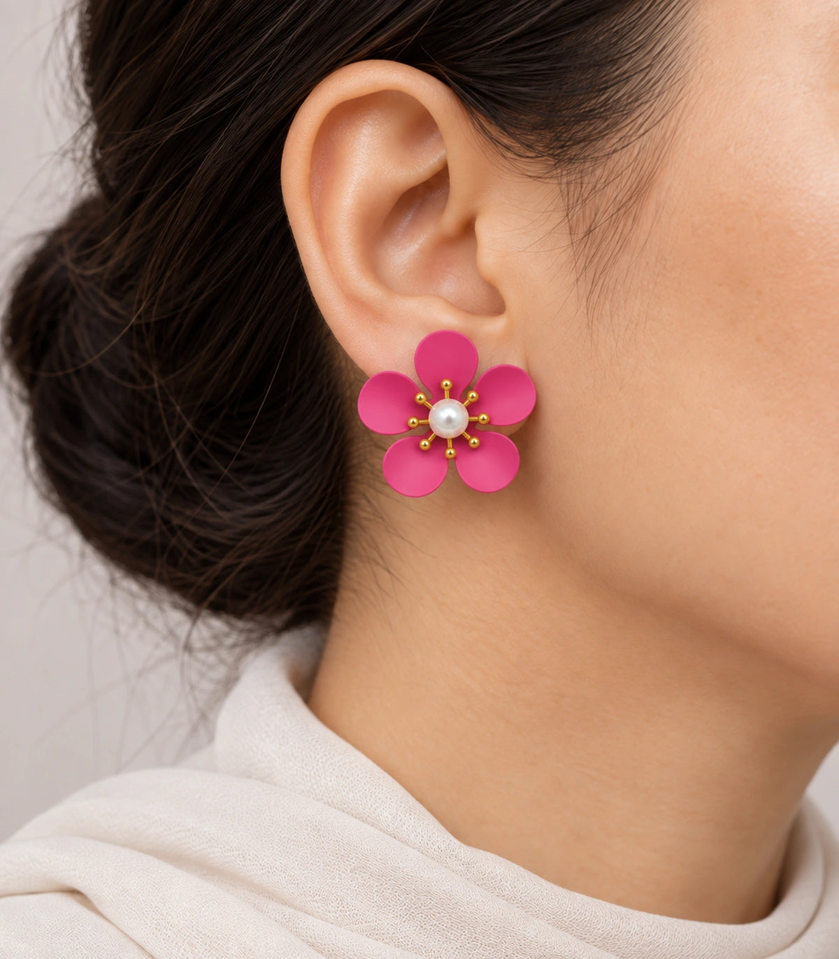 JIMIKI hot pink five-petal flower stud earrings with pearl-effect centre, flower stud worn on the earlobe #color_hot-pink