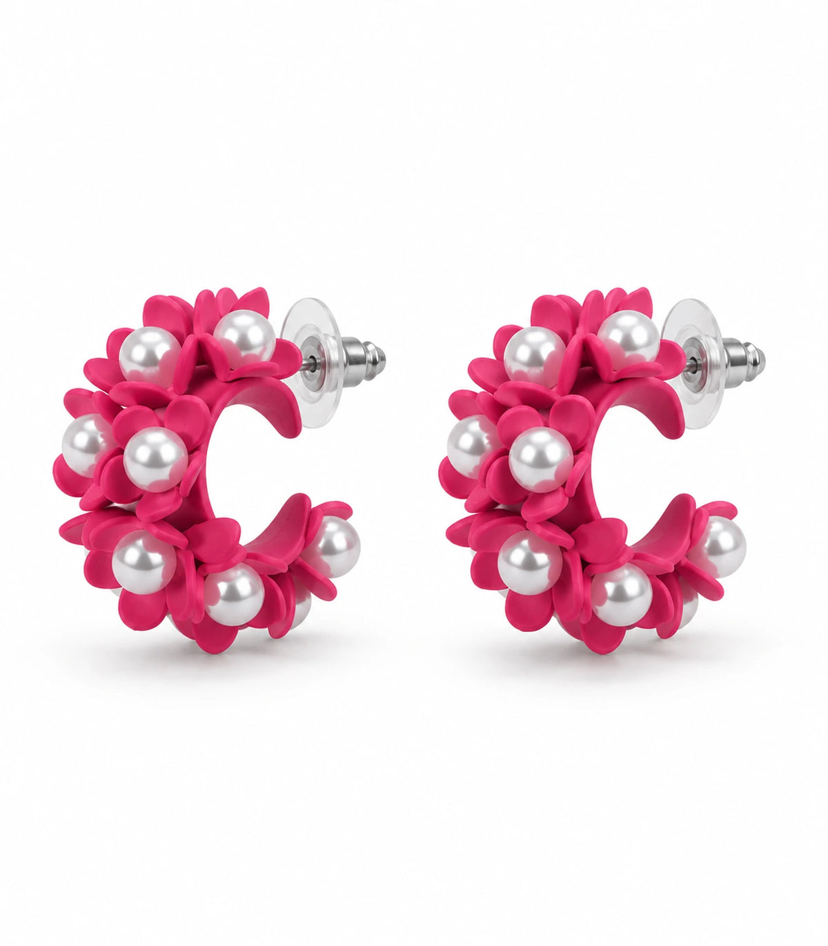 JIMIKI Hot Pink pearl flower hoop earrings, matching pair on a white background #color_hot pink