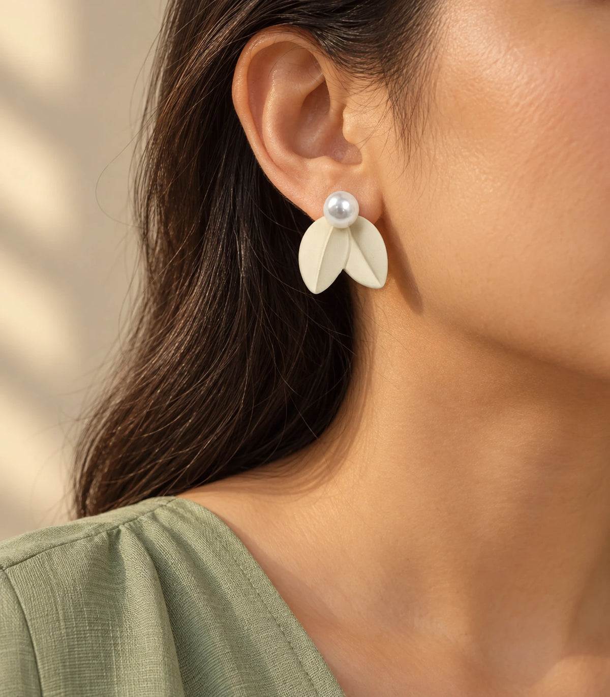 JIMIKI Double Leaf Pearl Stud Earrings in Ivory — earrings styled with an outfit #color_ivory