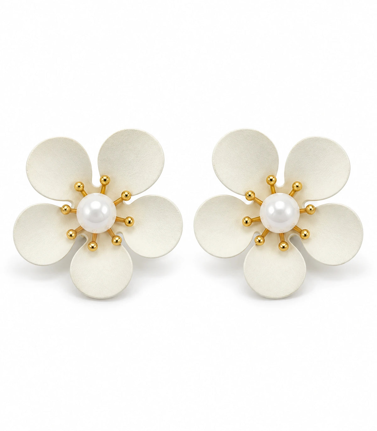 JIMIKI ivory five-petal flower stud earrings with pearl-effect centre, matching pair on white #color_ivory