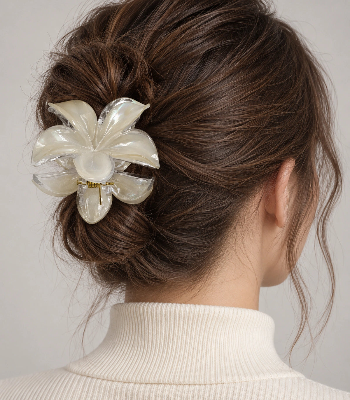 JIMIKI Iridescent Five Petal Flower Hair Claw Clips in Ivory, model wearing view #color_ivory