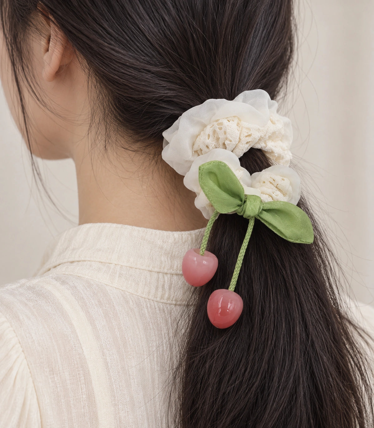 JIMIKI Lace Scrunchie With Cherry Charms in Ivory, close-up detail #color_ivory
