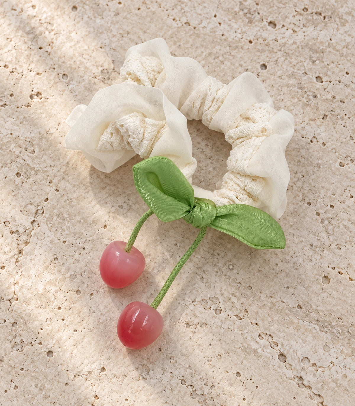 JIMIKI Lace Scrunchie With Cherry Charms in Ivory, editorial flat lay #color_ivory