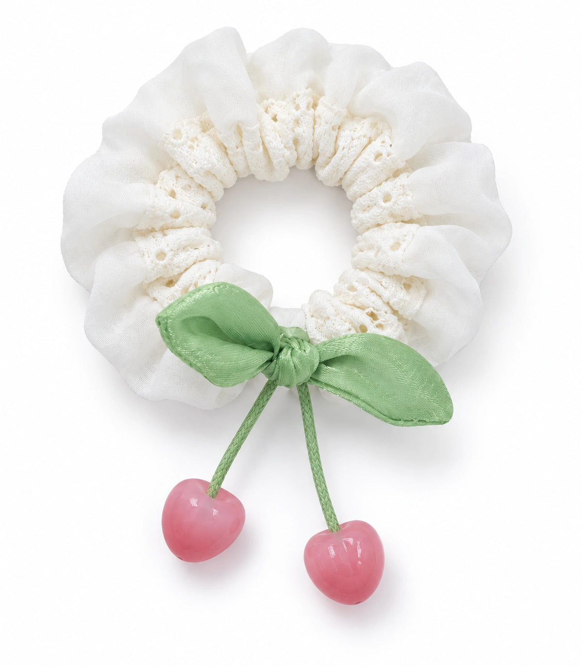 JIMIKI Lace Scrunchie With Cherry Charms in Ivory, white background product view #color_ivory