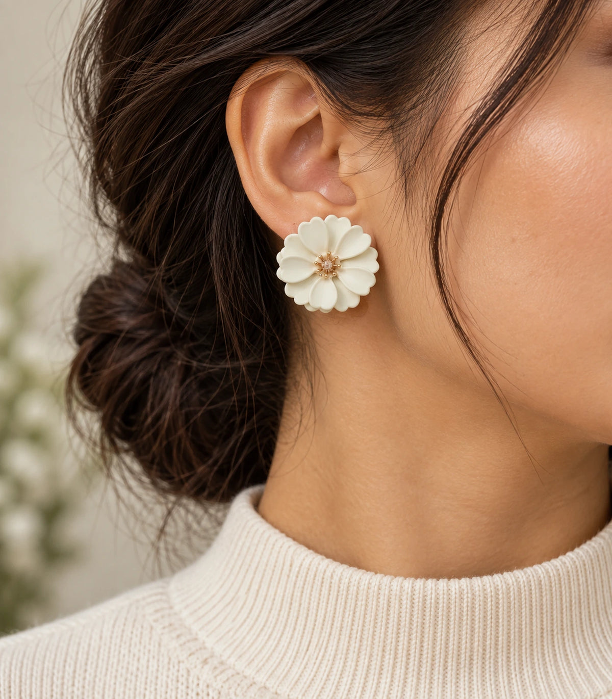 JIMIKI Ivory Layered Daisy Stud Earrings - earring worn in editorial styling #color_ivory