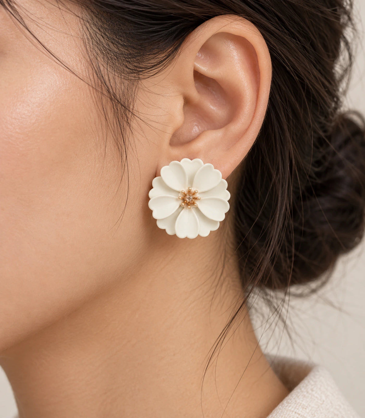 JIMIKI Ivory Layered Daisy Stud Earrings - earring worn on model #color_ivory