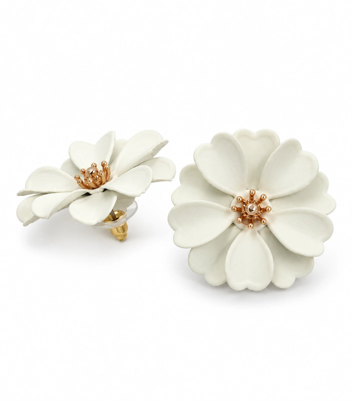 JIMIKI Ivory Layered Daisy Stud Earrings - pair on white background #color_ivory
