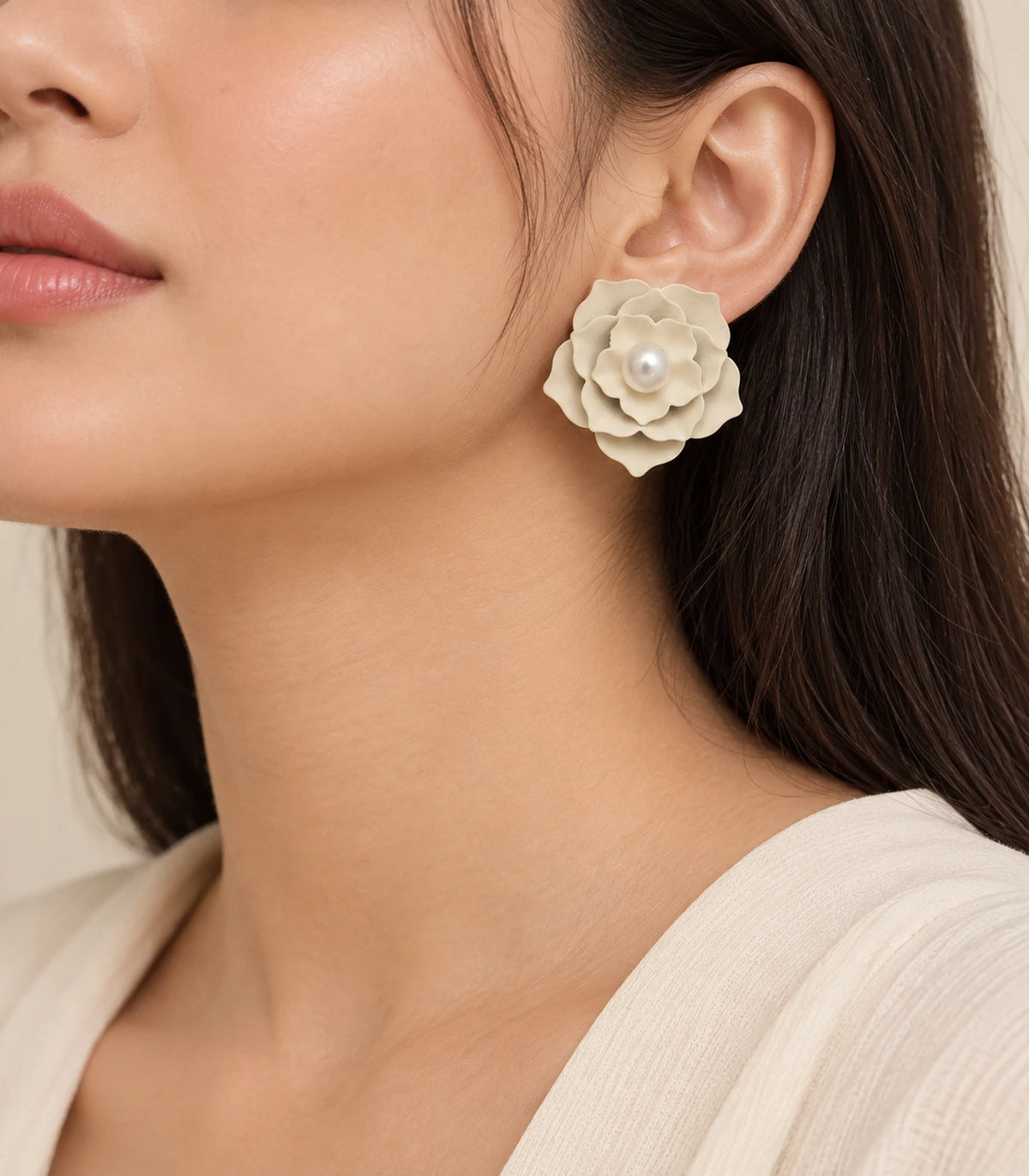 JIMIKI Layered Flower Pearl Stud Earrings, Ivory — worn on the ear #color_ivory