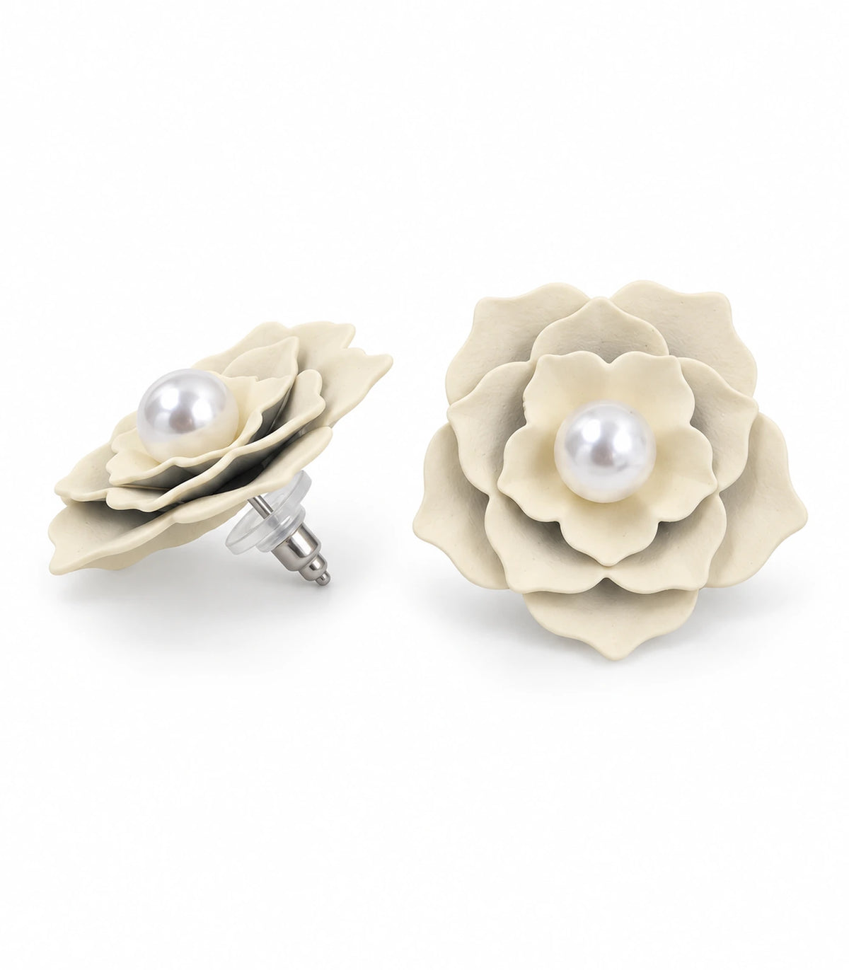 JIMIKI Layered Flower Pearl Stud Earrings, Ivory — pair on white background #color_ivory