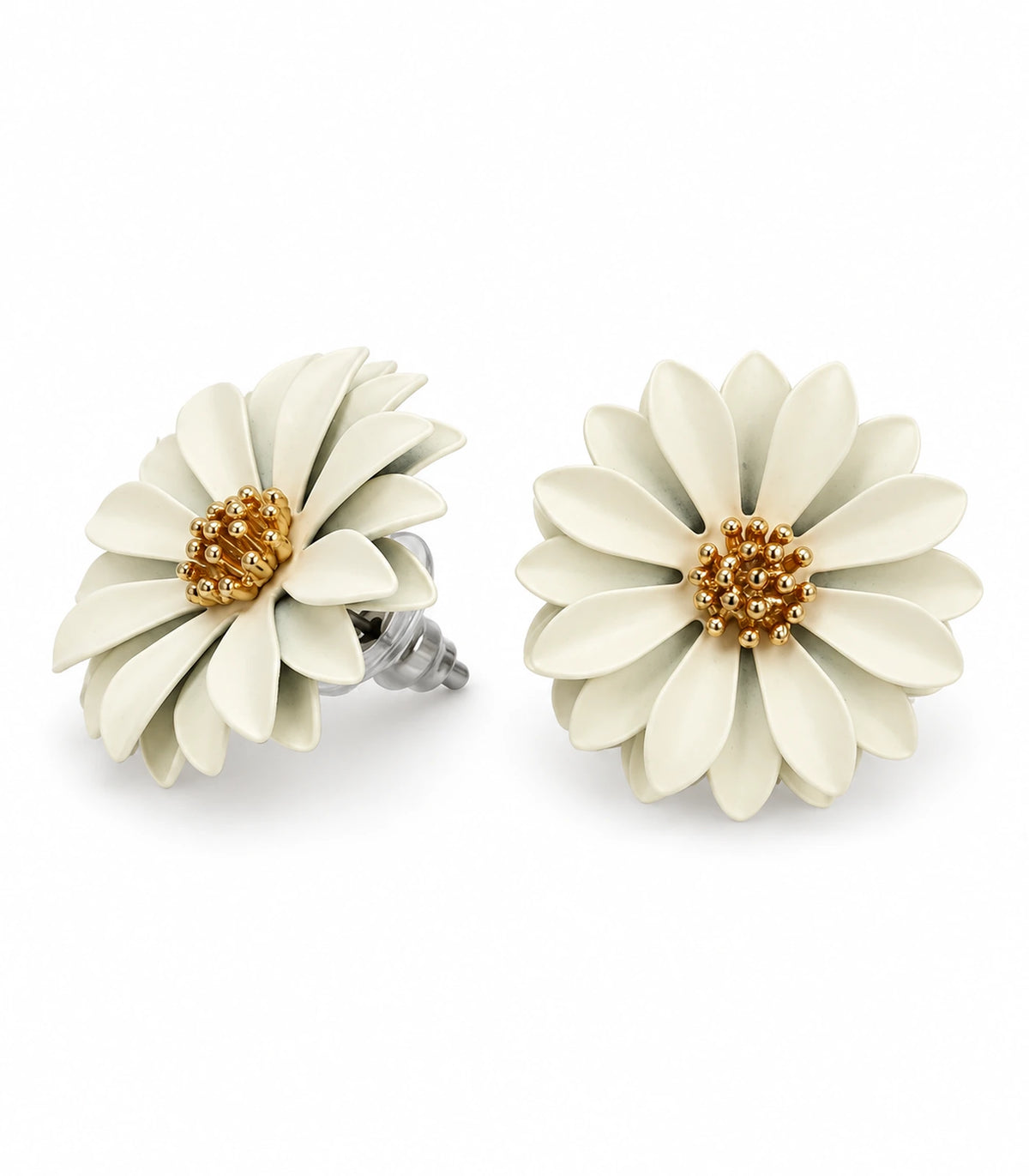 JIMIKI Ivory layered starburst daisy stud earrings, matching pair on white background #color_ivory