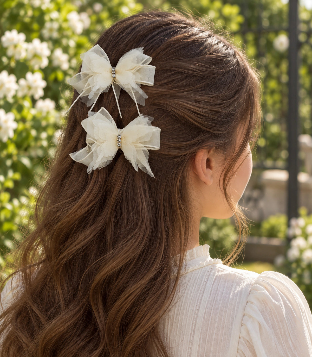JIMIKI Organza Butterfly Bow Hair Clips in Ivory, editorial model view #color_ivory
