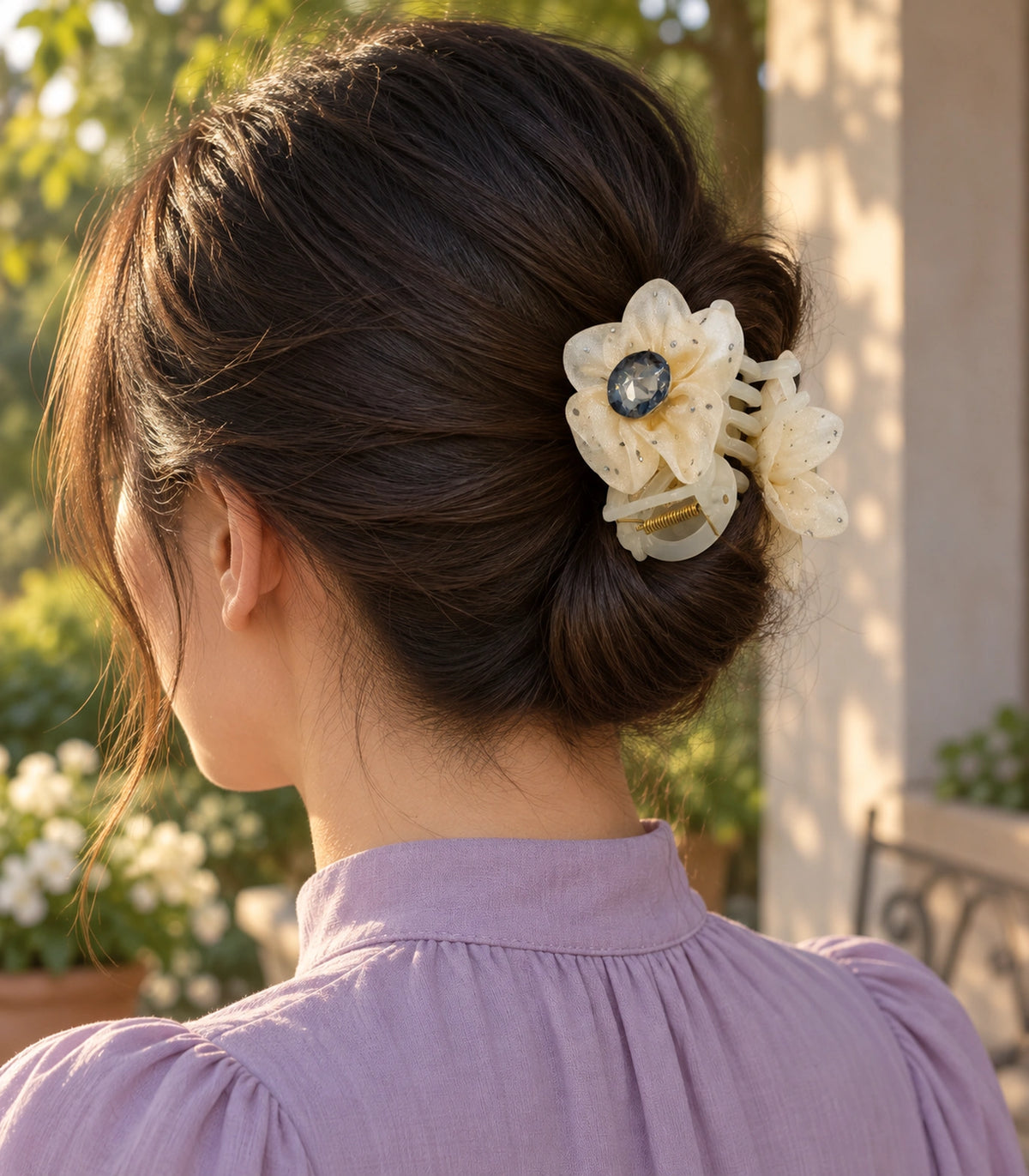 JIMIKI Organza Flower Crystal Hair Claw Clips in Ivory, editorial model view #color_ivory