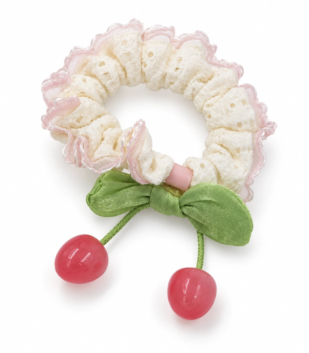 JIMIKI Ivory Pink-Trim Lace Cherry Scrunchie in Ivory/Pink/Green, white background product view