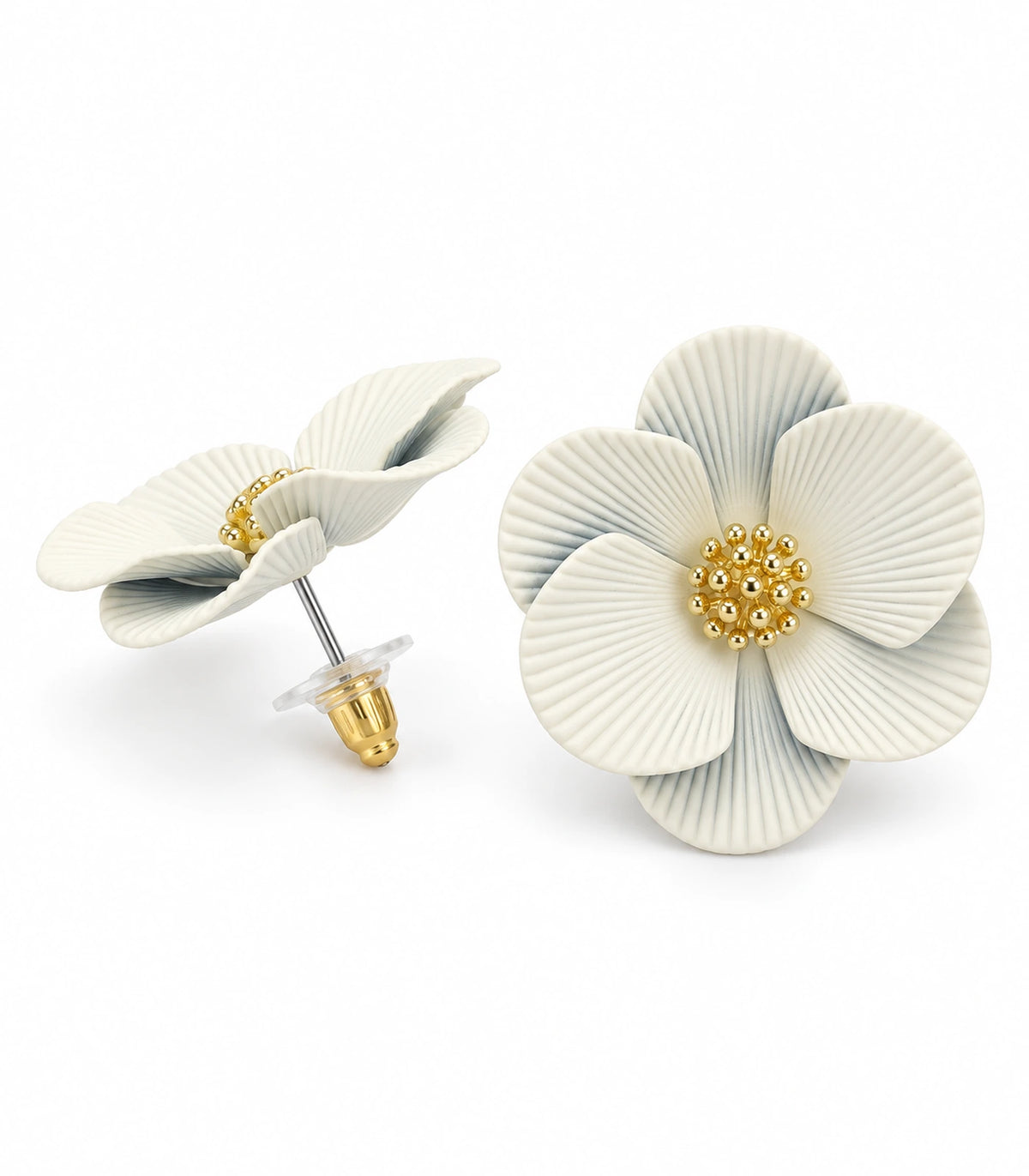JIMIKI Ivory ribbed flower stud earrings, pair on a white background #color_ivory