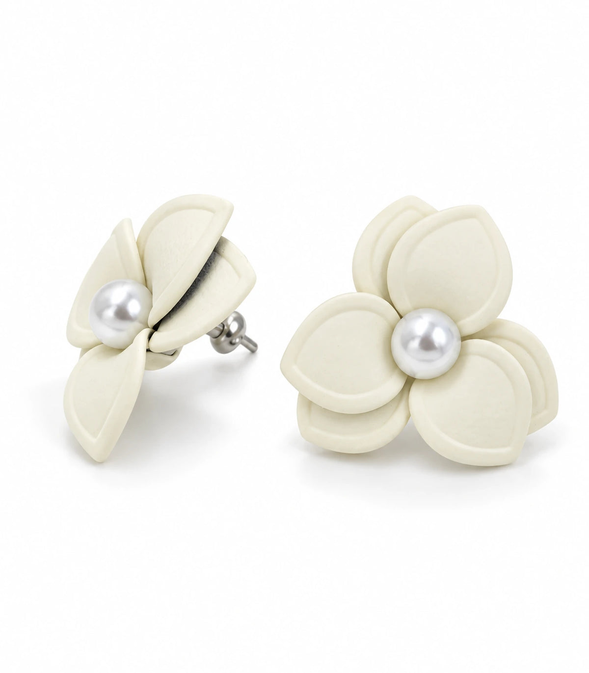 JIMIKI Ivory Triple Petal Pearl Flower Stud Earrings - complete pair on white background #color_ivory