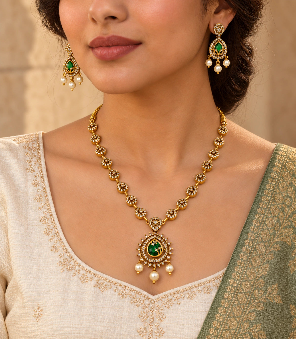 Green teardrop necklace and matching earrings styled with an ivory outfit and green drape