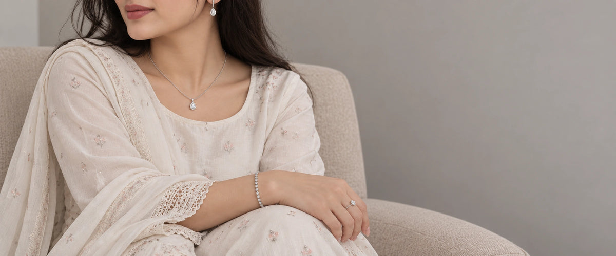 The Everyday Edit — delicate silver crystal earrings, pendant, ring and bracelet