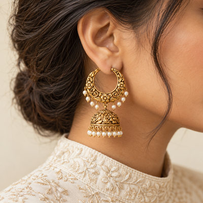 Floral gold hoop jhumka with pearl fringe styled with an ivory embroidered high-neck kurta