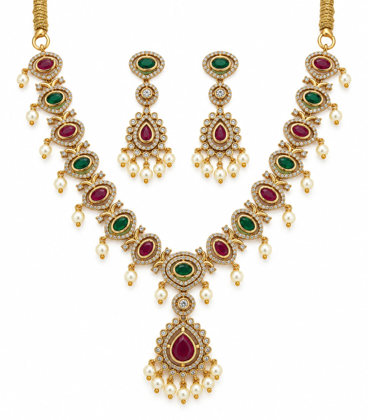Gold-tone necklace with alternating magenta and green oval accents, pearl-like drops and matching earring pair on white
