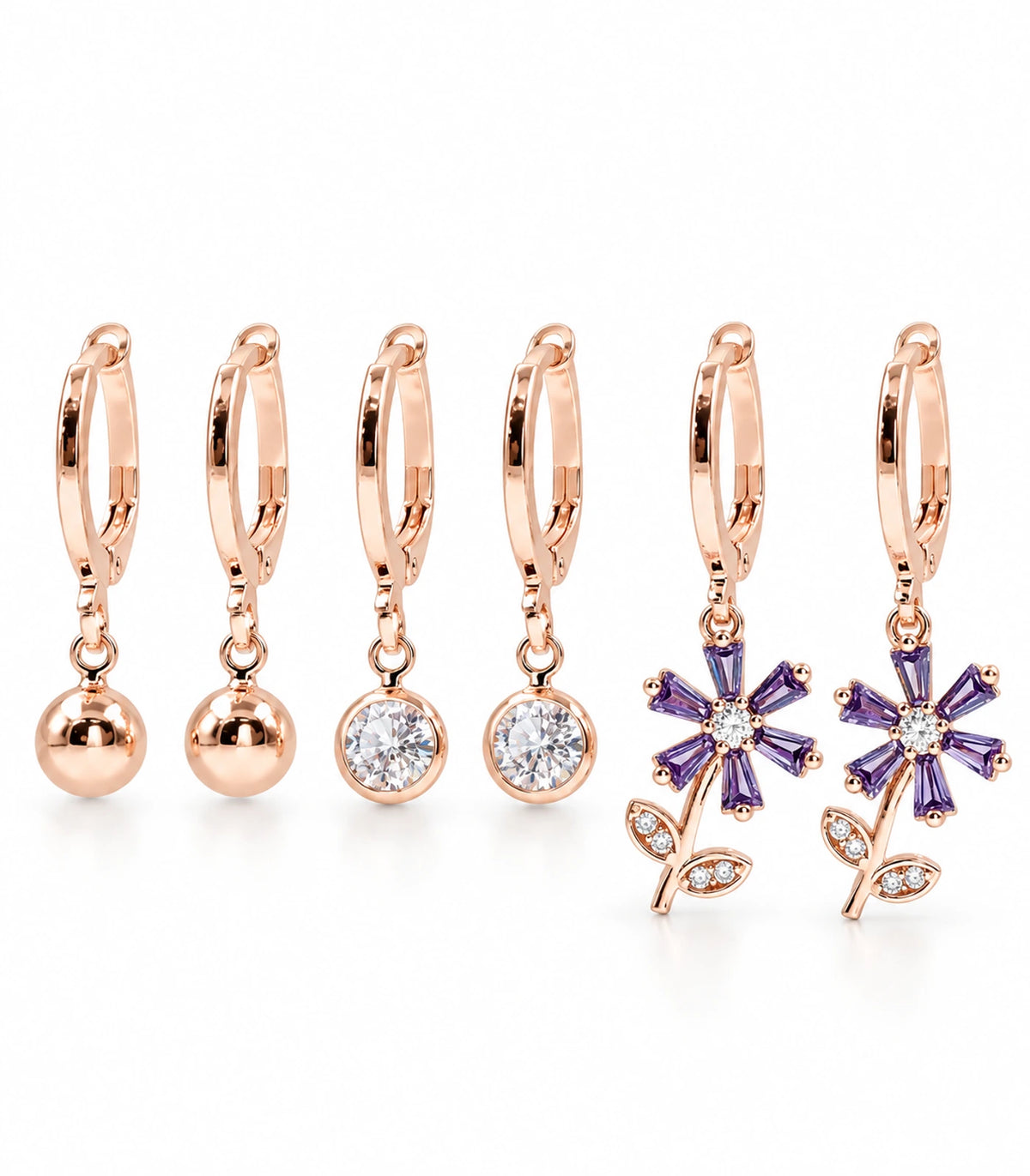 JIMIKI rose gold tone three-pair ball, crystal and purple flower hoop earring set — white-background
