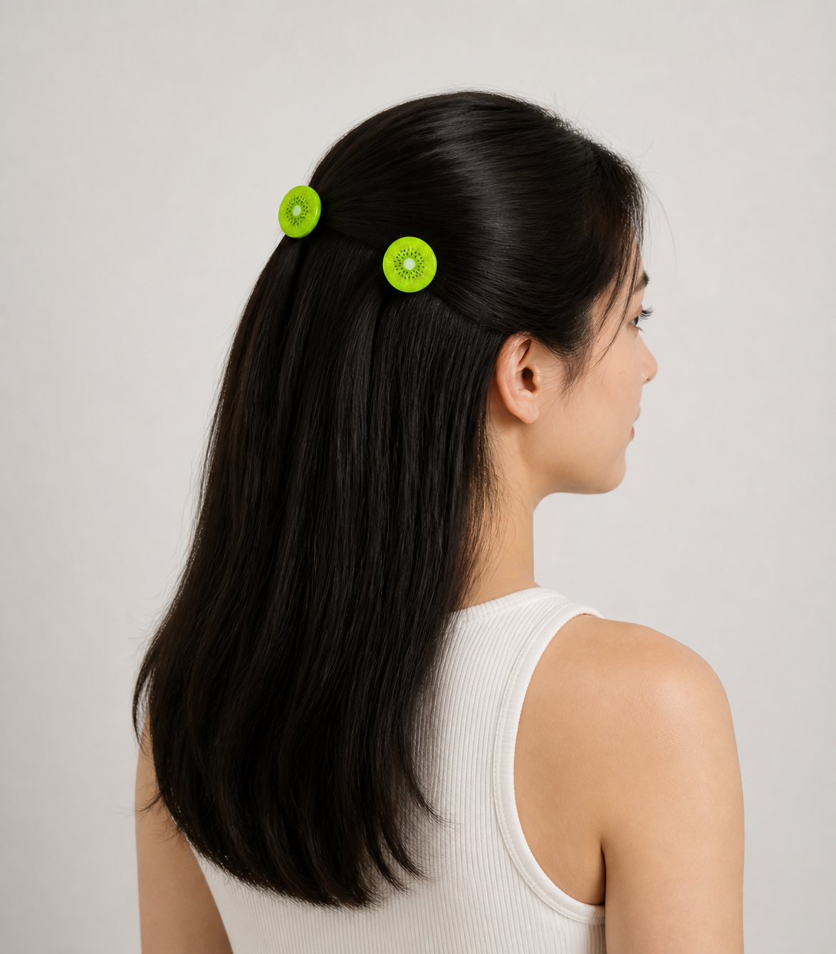 Kiwi Slice Barrette Pair worn in hair