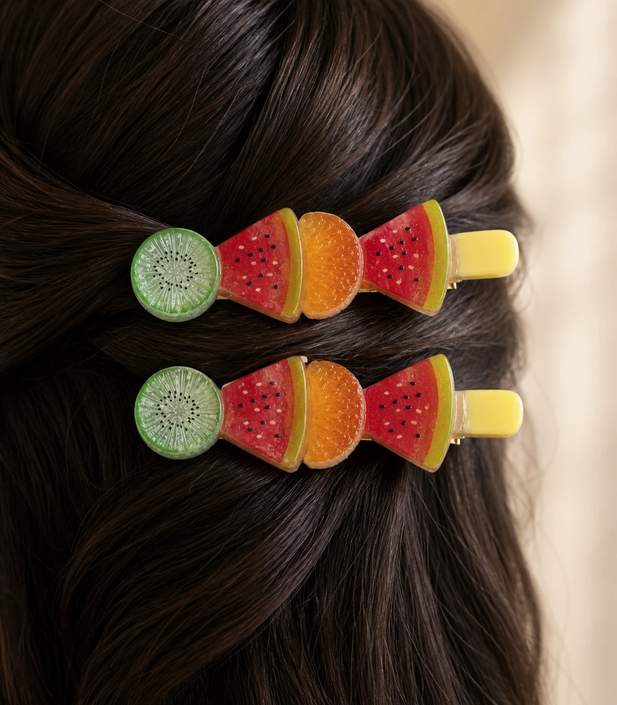 Close-up of the Kiwi Watermelon Orange Fruit Barrette Pair details