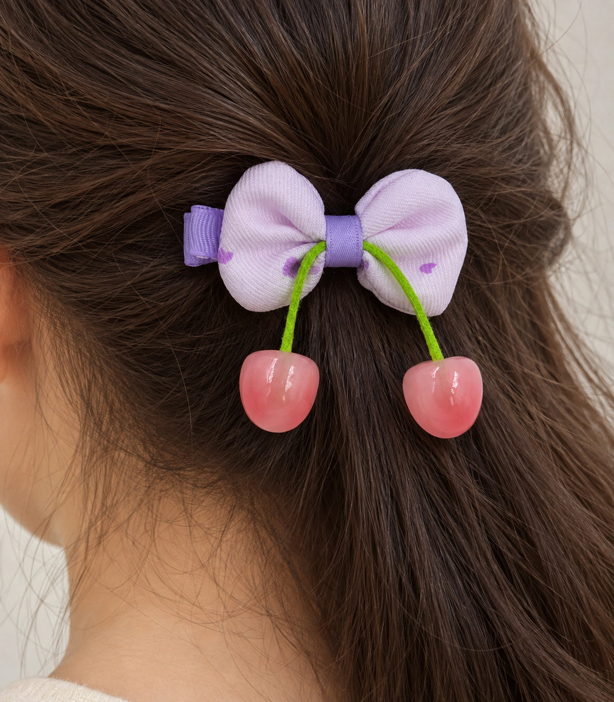 JIMIKI Lavender Bow Hair Clip with Cherry Charms in Lavender, close-up detail