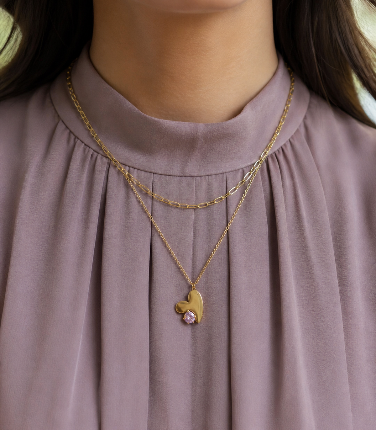 Lavender Crystal Layered Heart Necklace styled on a model