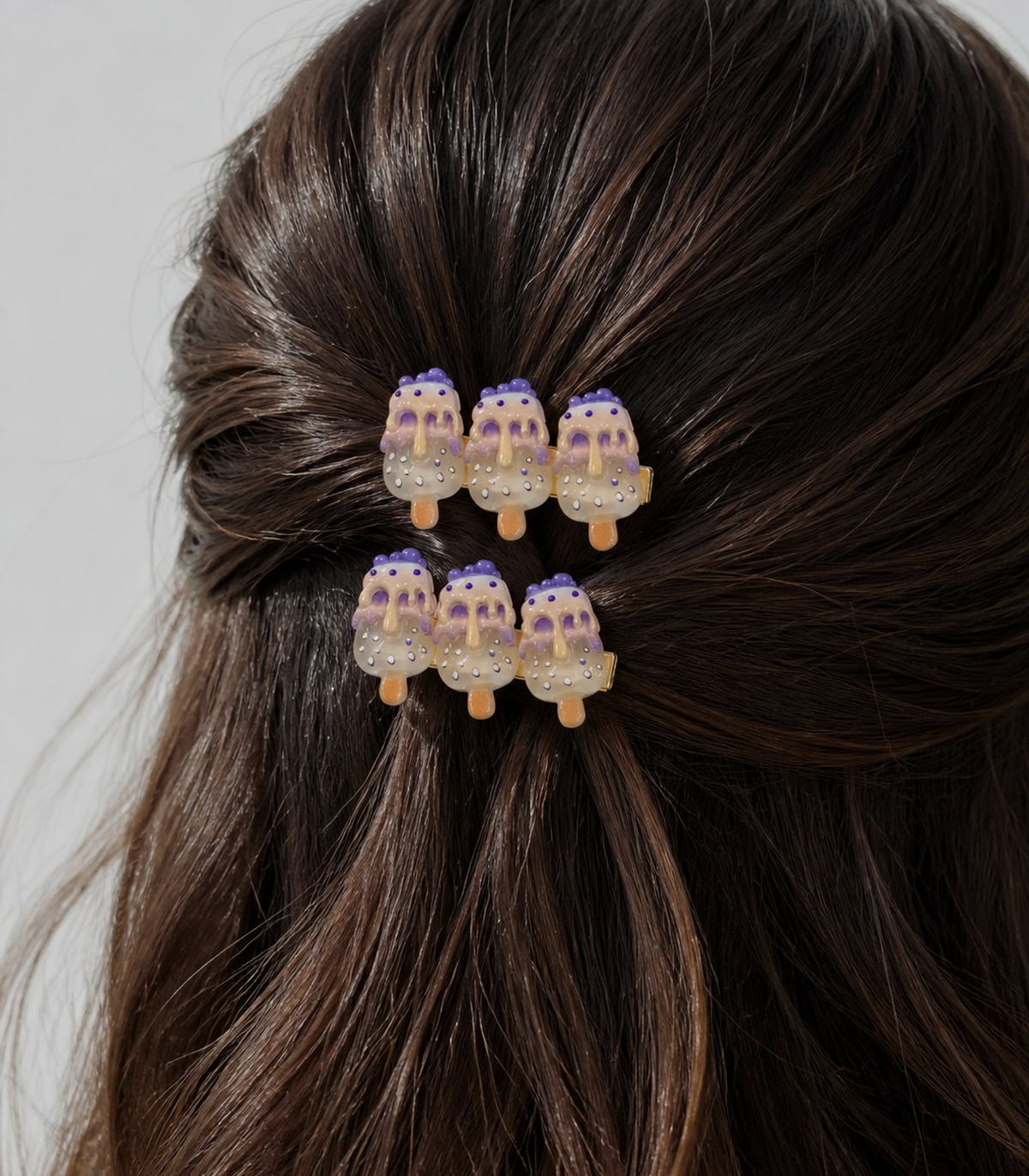Lavender Iced Pop Trio Clip Pair in a styled editorial view