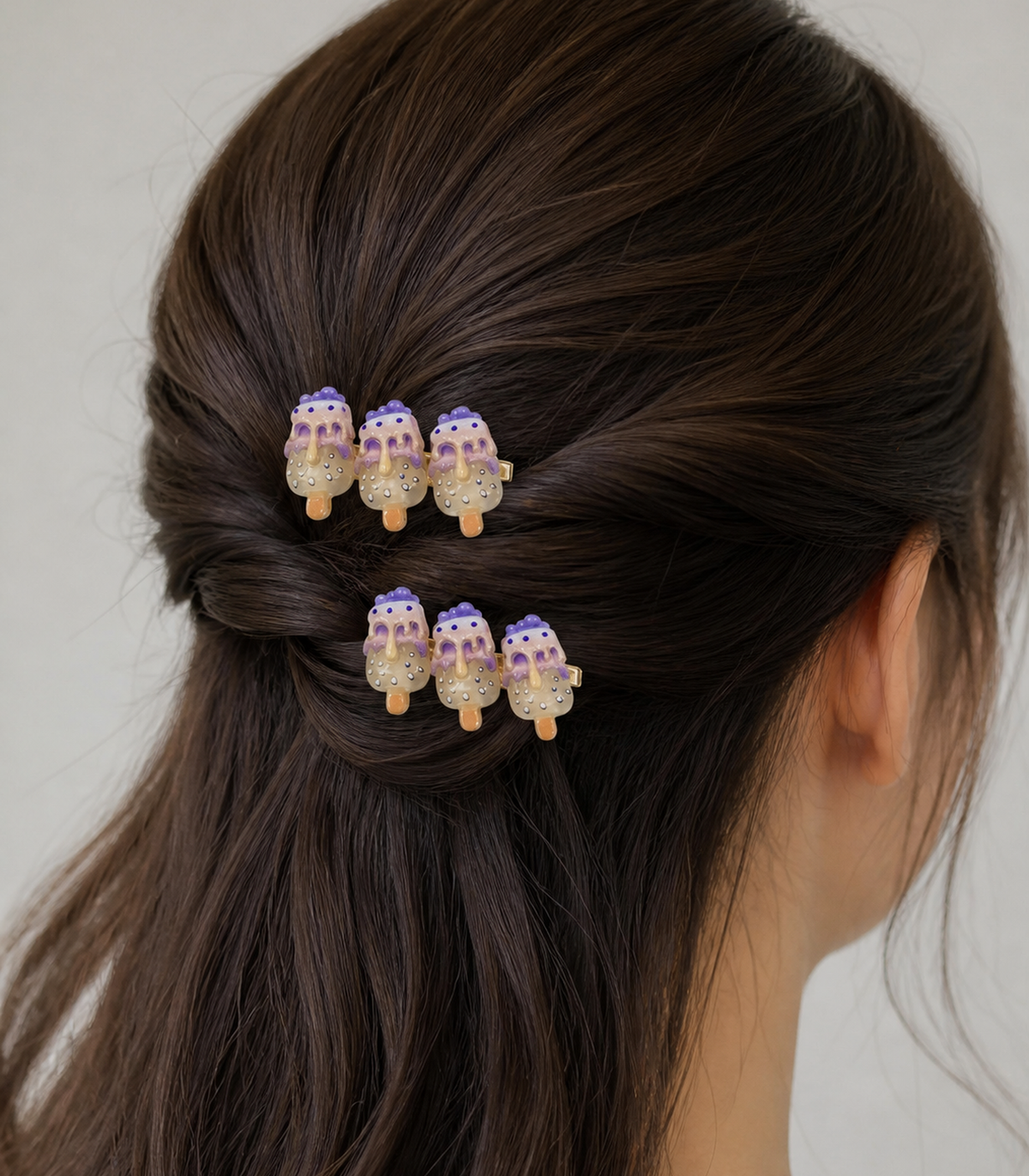 Lavender Iced Pop Trio Clip Pair worn in hair