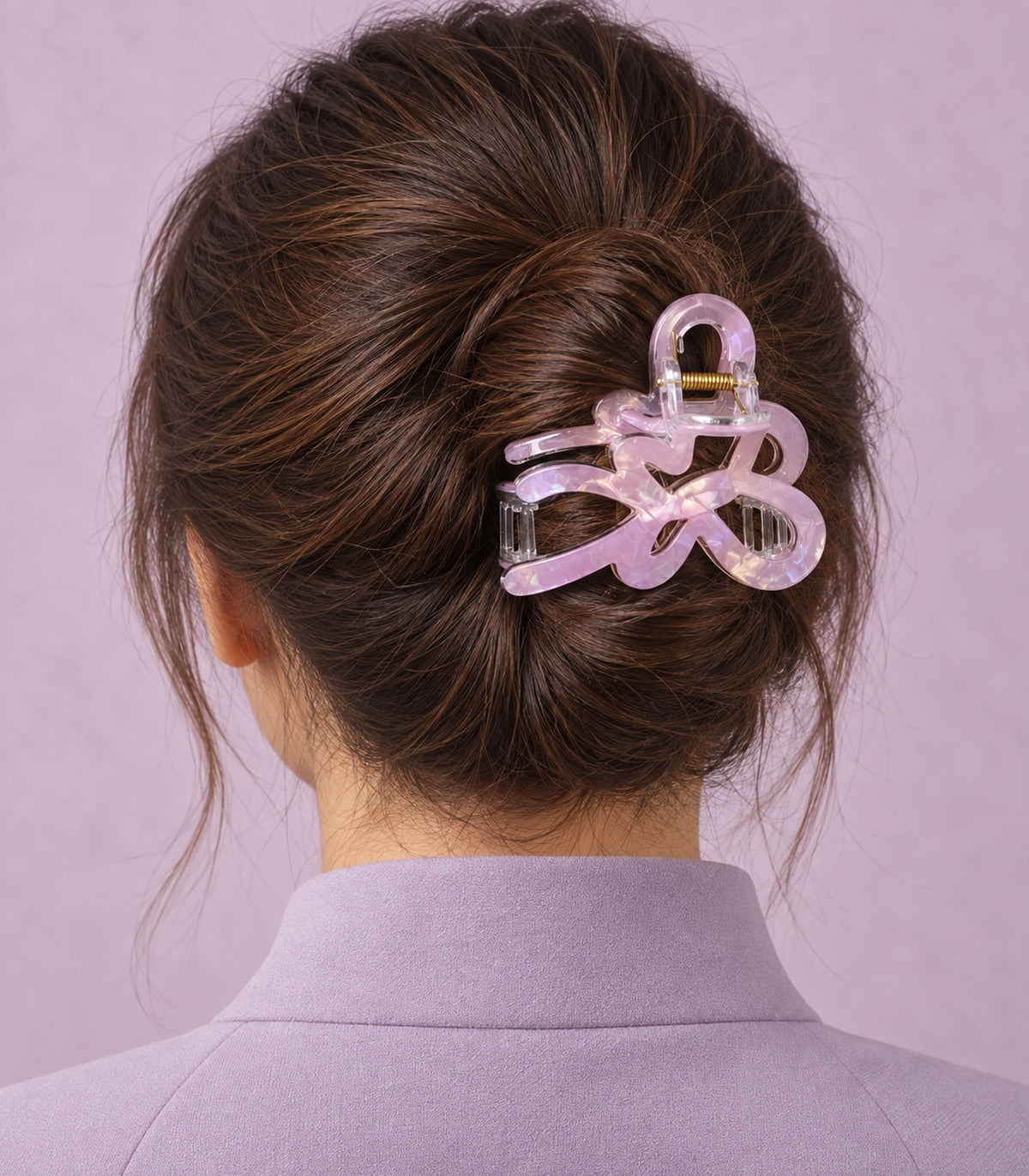 JIMIKI Iridescent Butterfly Hair Claw Clips in Lavender, model wearing view #color_lavender