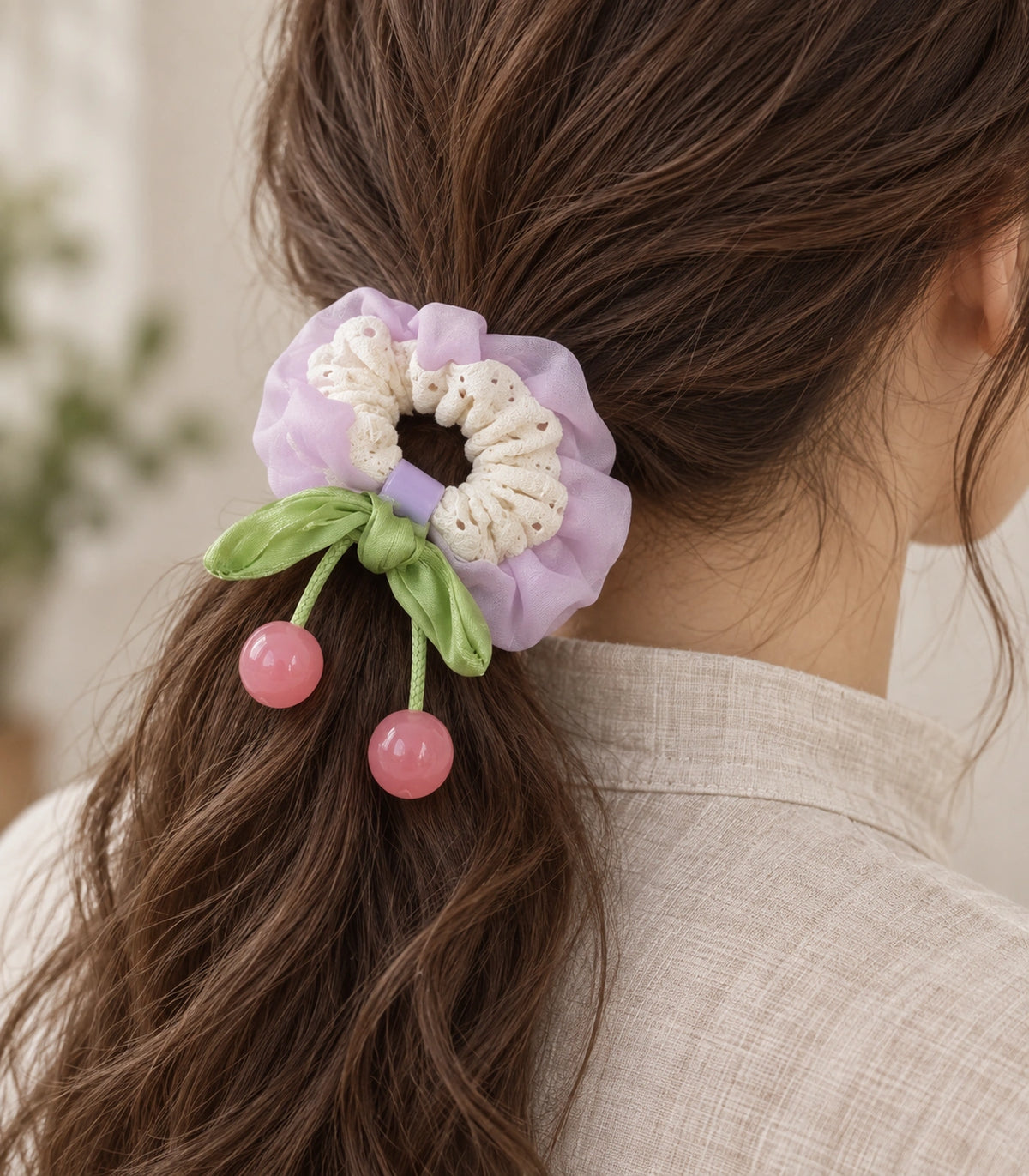 JIMIKI Lace Scrunchie With Cherry Charms in Lavender, close-up detail #color_lavender