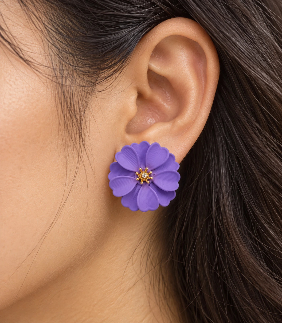 JIMIKI Lavender Layered Daisy Stud Earrings - layered scalloped petals and gold-tone centre worn close-up #color_lavender