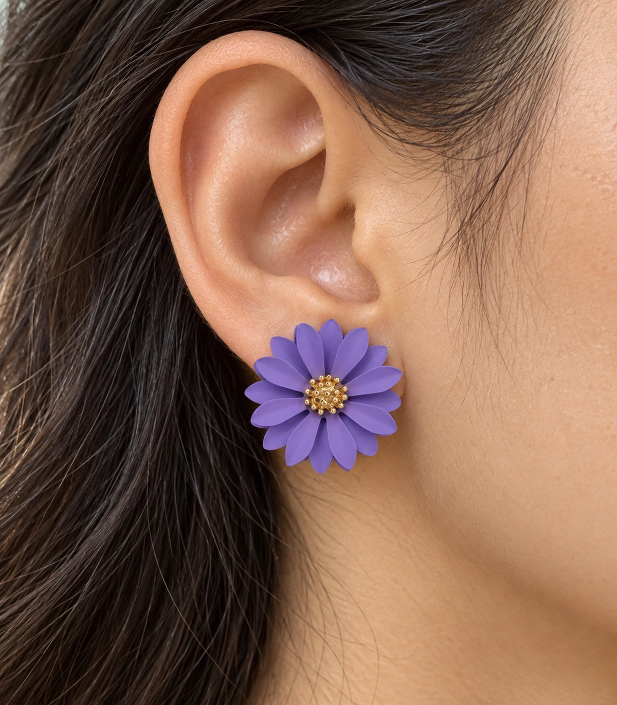 JIMIKI Lavender layered starburst daisy stud earrings, close-up of layered petals and gold-tone centre #color_lavender