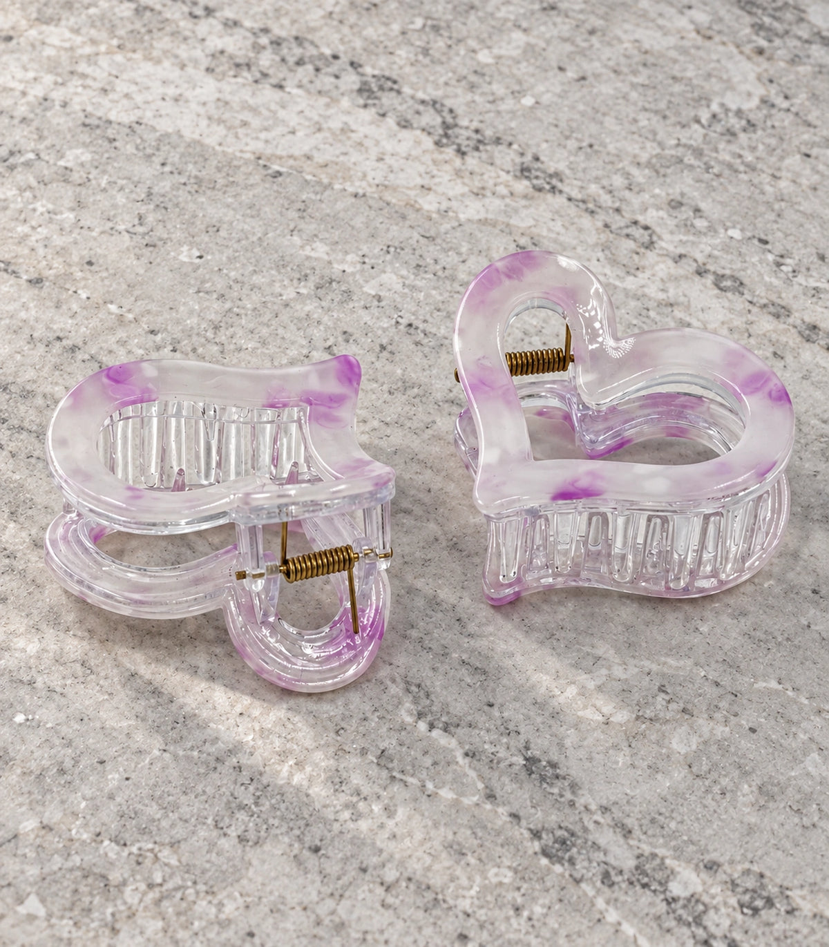 JIMIKI Marbled Heart Hair Claw Clips in Lavender, editorial flat lay #color_lavender