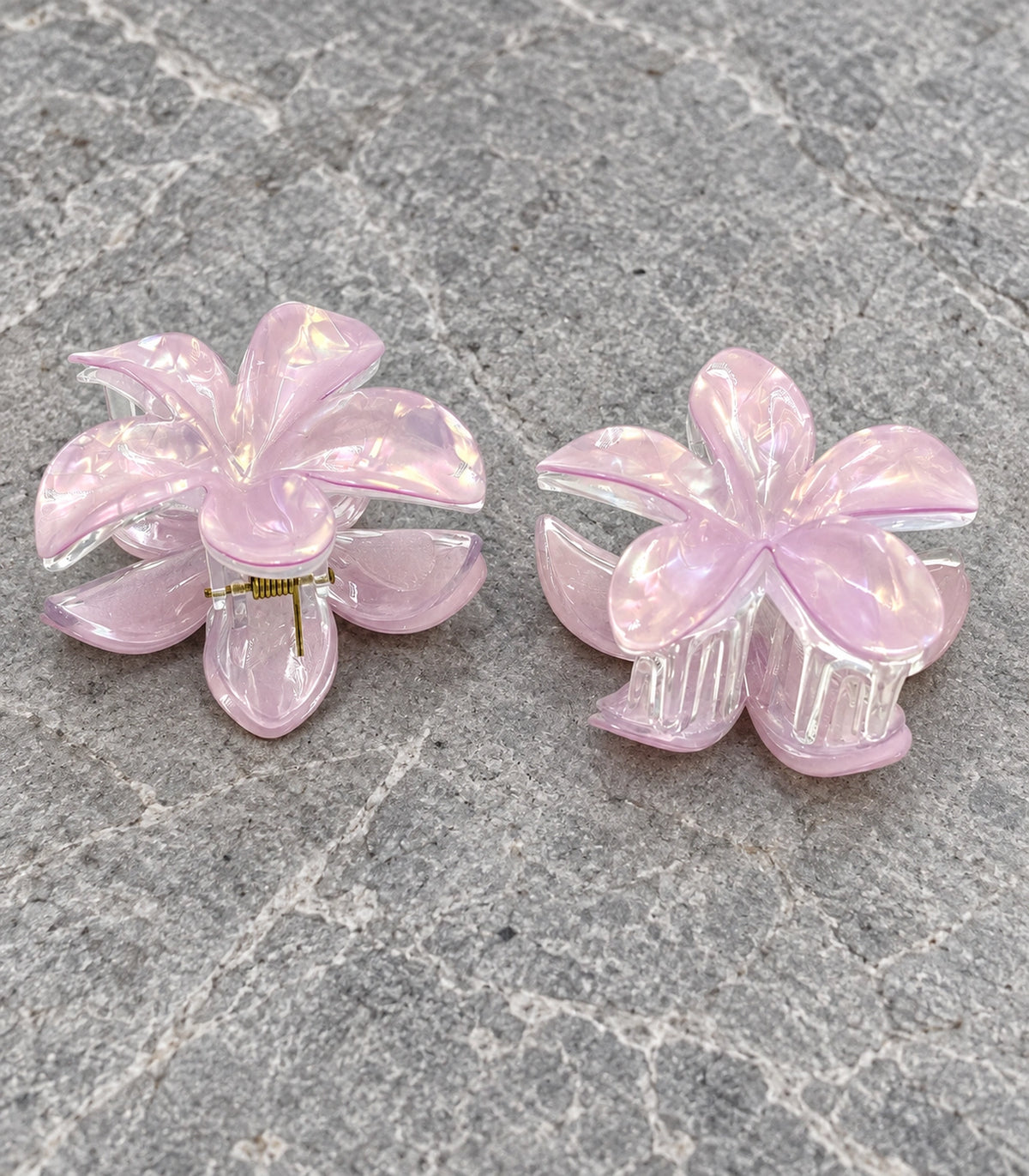 JIMIKI Iridescent Five Petal Flower Hair Claw Clips in Lavender / Pink, editorial flat lay #color_lavender / pink