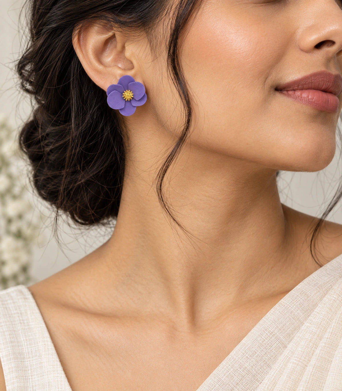 JIMIKI Lavender ribbed flower stud earrings, styled worn editorial view #color_lavender