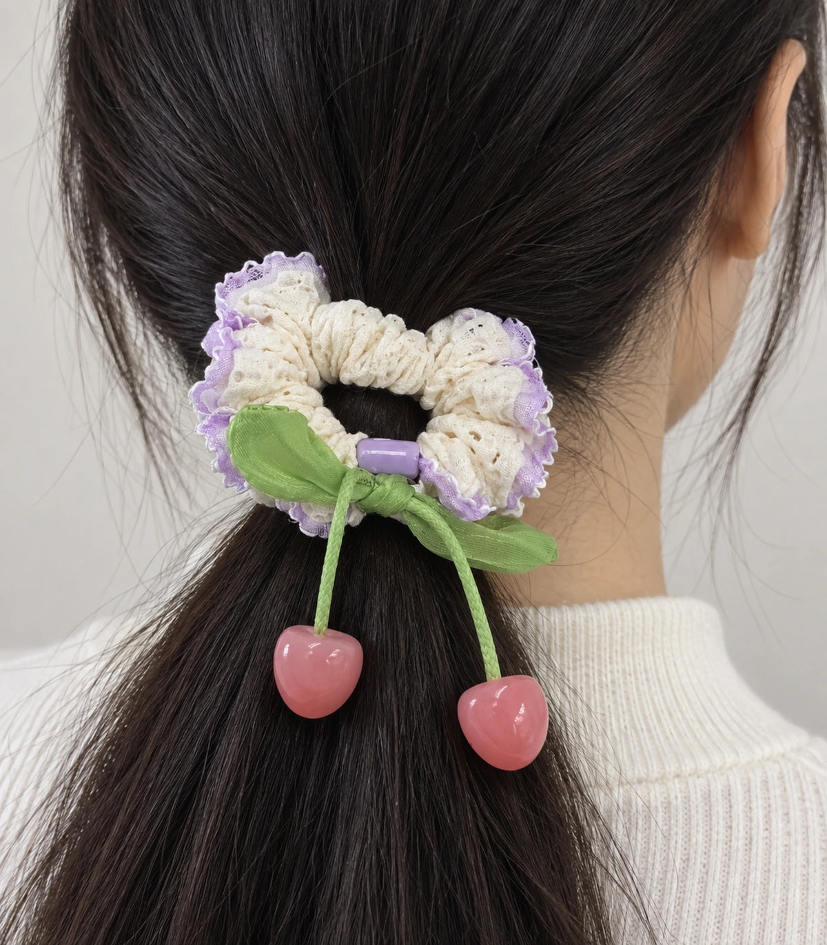 JIMIKI Trim Lace Scrunchie With Cherry Charms in Lavender Trim, close-up detail #color_lavender trim