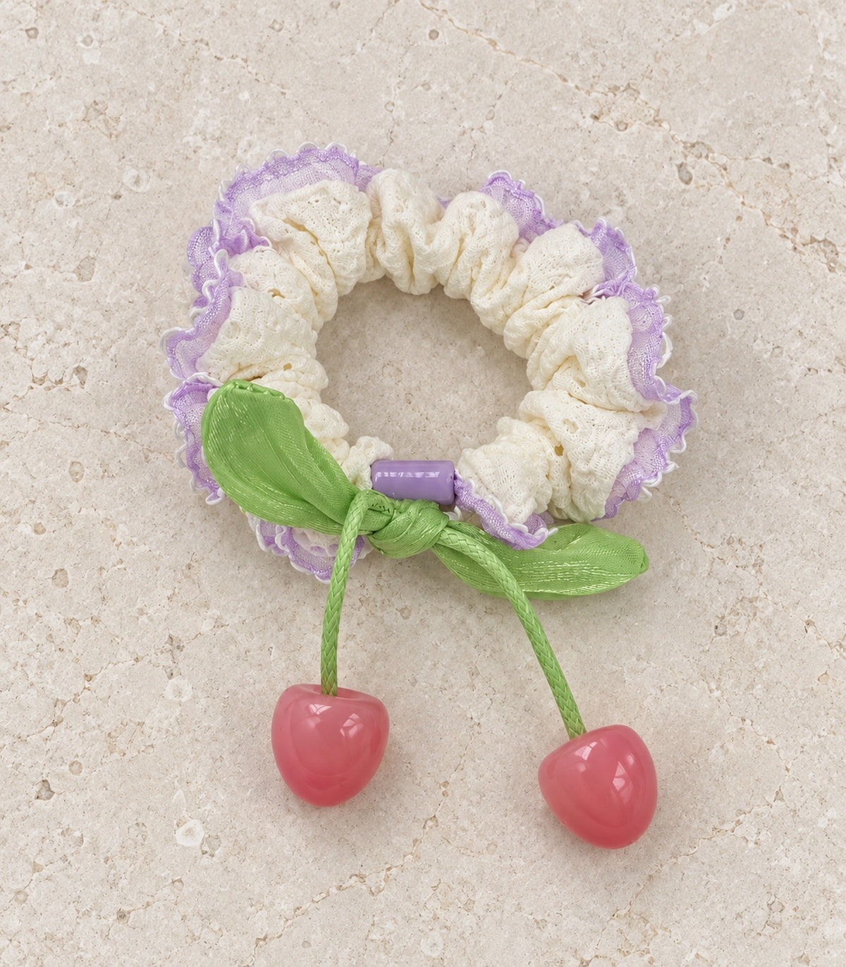 JIMIKI Trim Lace Scrunchie With Cherry Charms in Lavender Trim, editorial flat lay #color_lavender trim