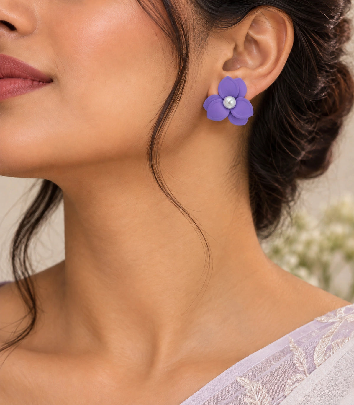 JIMIKI Lavender Triple Petal Pearl Flower Stud Earrings - earring worn in editorial styling #color_lavender